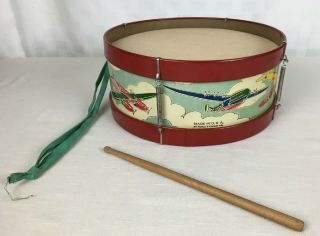 Vintage Noble & Cooley 11 X 5 " Childs Toy Metal & Paper Drum Airplane Graphics