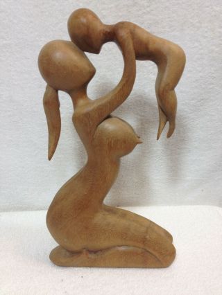 Vtg Hand Carved Wood Mother And Child Sculpture Abstract Detail 12 " X6 "