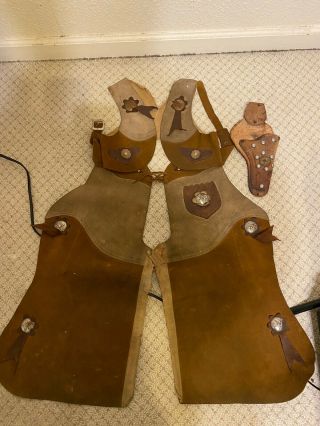 Vintage Kids Cowboy Chaps,  Vest,  Gun Holster Suede Leather Western
