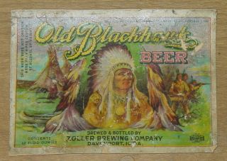 1 Beer Label From Davenport,  Iowa,  Zoller Brewing,  Old Blackhawk,  12 Oz. ,  Irtp