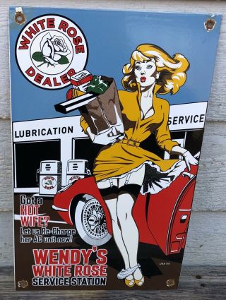 Vintage 1964 Wendy’s White Rose Gasoline Porcelain Pump Service Station Sign