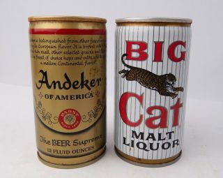 Vintage Pair Pull Tab Steel Beer Can Pabst Big Cat & Andecker 12 Oz.  Vg Cond