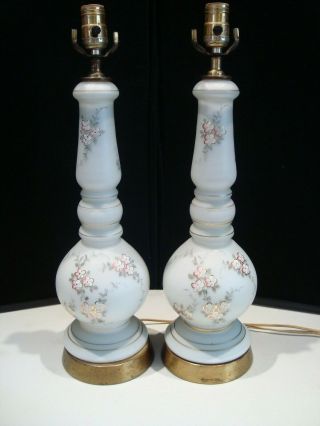Vintage Pair 3 Way Lamp Frosted Glass Painted Cherry Blossom Pink Flowers Gold