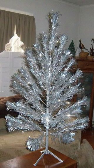 Vintage 4 Ft.  Pom Pom Branch Silver Aluminum Christmas Tree With Stand