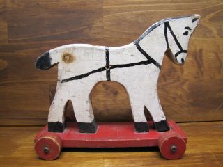 Old Folk Art Horse Childs Wooden Push Pull Toy Farm Animal Four Wheels Noag
