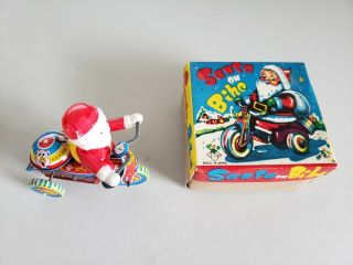 Santa Claus On Bike Tricycle Christmas Vintage Japan Tin Mechanical Wind - Up Toy