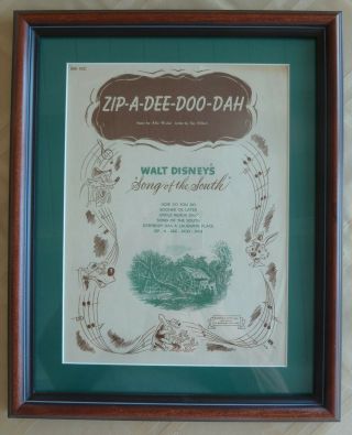 Walt Disney Song Of The South Zip - A - Dee - Doo - Dah Vintage Sheet Music 1946 Framed