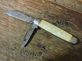 Old Vintage White Handle 2 Blade Hammer Brand Folding Pocket Jack Knife Usa Made
