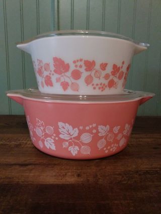 Two 2 Vintage Pyrex Pink Gooseberry Casserole Dishes 474 475 W/lids