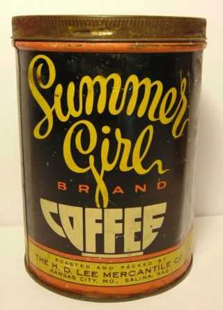 Old Vintage 1930s Summer Girl Graphic Coffee Tin One Pound Kansas City Missouri