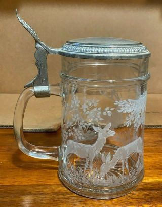Vintage Glass Beer Stein With Lid,  Etched Deers,  Made In W Germany
