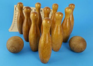 1940s Vintage American Toy Wood Wooden Bowling Ball Set & Score Sheets