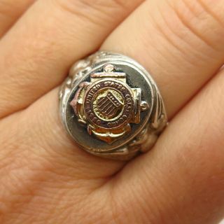 925 Sterling Silver 3 - Tone Vintage " Us Coast Guard " Signet Ring Size 8.  5
