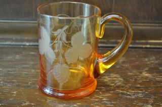 Vintage Etched Half Pint Fruit Theme Amber Glass Tankard - 11cm Tall
