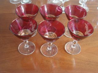 Set Of 6 X Vintage Cranberry And Gold Coloured Small Glasses Shot Sherry