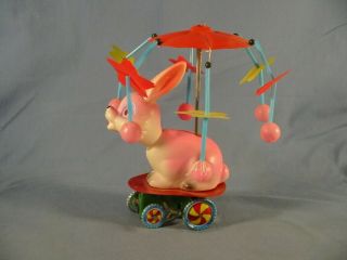 Vintage Tin Litho Wind Up Japan Alps Toy,  Revolving Umbrella Cellulite Rabbit