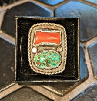 Old Vintage Navajo Native American Sterling Silver Turquoise And Coral Ring 9.  75