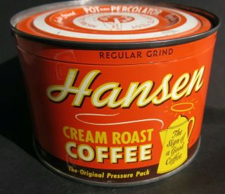 Vintage Full Key Wind 1 Lb.  Coffee Tin - Hansen - Oakland Ca.