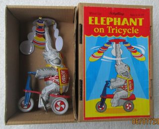 Schylling Tin Toy Wind Up Circus Elephant On Tricycle Moves W/spinning Top W/box