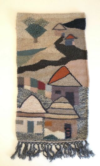 Vintage Mid Century Hand Woven Wool Tapestry Wall Hanging Houses Village Boho