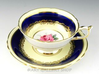 Vintage Paragon England Cobalt Blue Gold & Rose Flower Centers Cup And Saucer