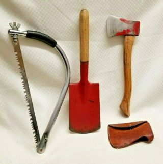 Vintage True Temper Camping Kit Shovel Axe Saw W/ Wooden Carrying Case