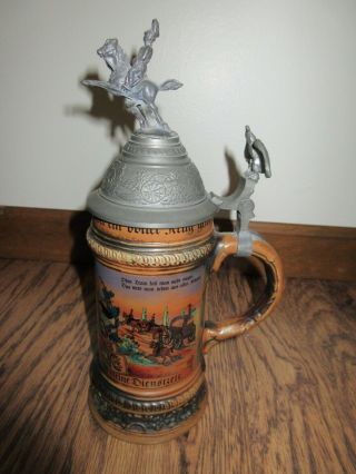 Gerz German Stein With Knight On Horseback And Eagle On Pewter Lid