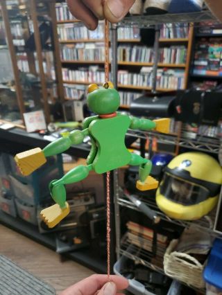 Vintage Wood Pull String Puppet Frog Made In Austria Jumping Jack Toy Great Cond