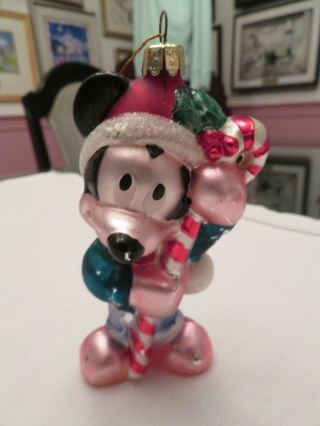 Disney Glass Mickey Mouse With Candy Cane Christmas Ornament
