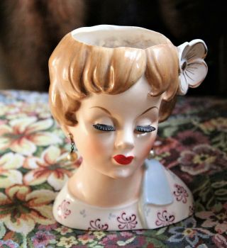 Vintage Head Vase - Relpo K936b 6” Lady Headvase With Flower -