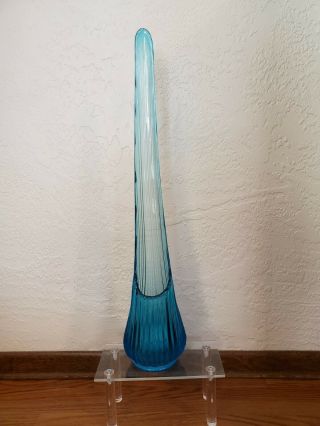 Vintage Mid - Century Art Glass Swung Stretch Blue Ribbed Vase 21 " Tall