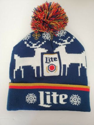 Miller Lite Beer Ugly Christmas Cuffed Beanie Toque Hat Reindeer Stocking Nwot