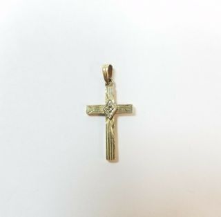 Vintage 14k Yellow Gold Cross Charm Pendant With Diamonds And Etched Details