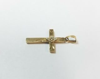 VINTAGE 14K YELLOW GOLD CROSS CHARM PENDANT WITH DIAMONDS AND ETCHED DETAILS 2