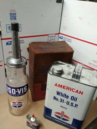 Vintage Standard Oil Iso - Vis Glass Motor Oil Bottle & American Oil Can