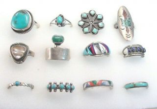 Estate Vintage Southwestern Style Sterling Silver Rings 12 Piece Group 43 Grams