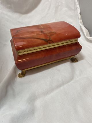 Vintage Antique Italian Red Marble Alabaster Footed Gilded Jewelry Box Casket