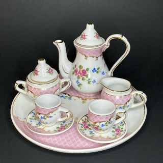 Vintage Mini Tea Set 10 Piece Pink And Gold With Roses,  Flowers Child 