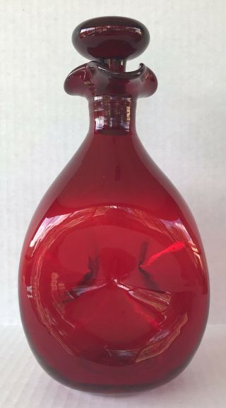 Vintage Mcm Blenko Pinched Glass Decanter Ruby Red Glass 10” Mid Century Modern