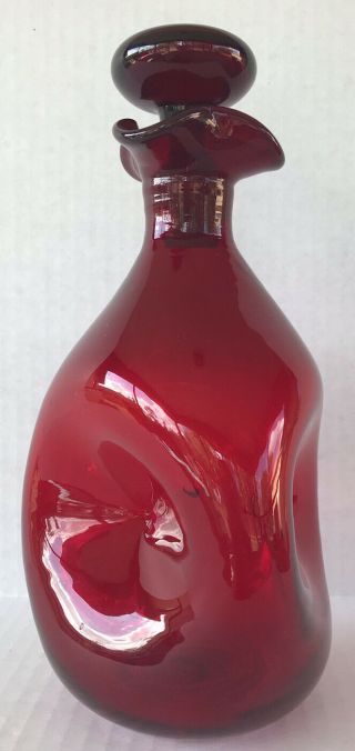 Vintage MCM Blenko Pinched Glass Decanter Ruby Red Glass 10” Mid Century Modern 3
