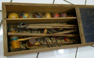 Miniature Antique Victorian Wooden Table Top Croquet Set Game Box