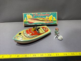 Vintage Asahi Toy Made In Japan Victoria Tin Litho Boat Toy W/ Box