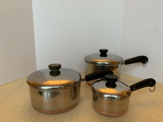 Set Of 3 Vintage Revere Ware Copper Bottom Sauce Pans W/ Lids 3/4qt / 2 Qt/ 3 Qt