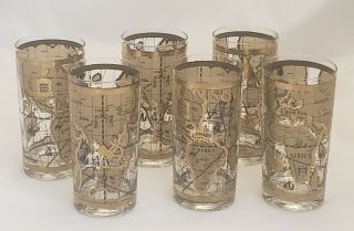 Cera Bar Glasses Old World Map 22k Gold Vintage Barware Set Of 6.