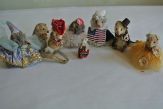 Vtg 8 W.  Germany Fur Miniature Mice Fancy Dressed Up Gowns Top Hat 1 " - 3 "