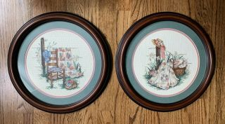 Vintage Paula Vaughan Cross Stitch Matted Framed Pictures Quilts 14 " Round - 2