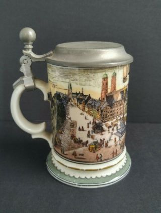 Vintage German Porcelain Lidded Beer Stein - Munchen Munich Rein Zinn Pewter