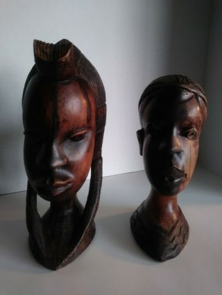 Vintage African Hand Carved Wood.  Man And Woman Sculptured Head Statues