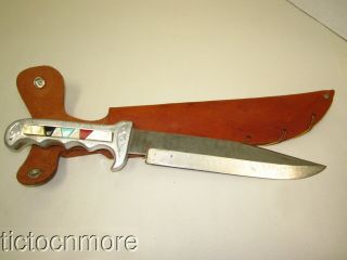 Vintage Southwest Native American Stone Inlay Grip Bowie Style Hunting Knife