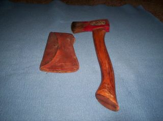 Vintage Red Kelly Hatchet Camping Axe Wood Handle Leather Cover